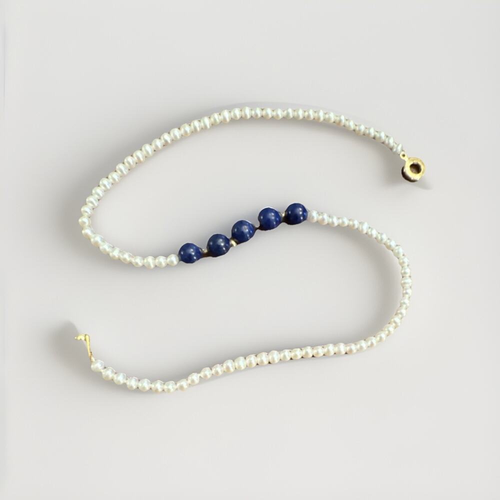 14K Gold Pearl + Lapis Bead Necklace w Gold Tone Clasp 16"